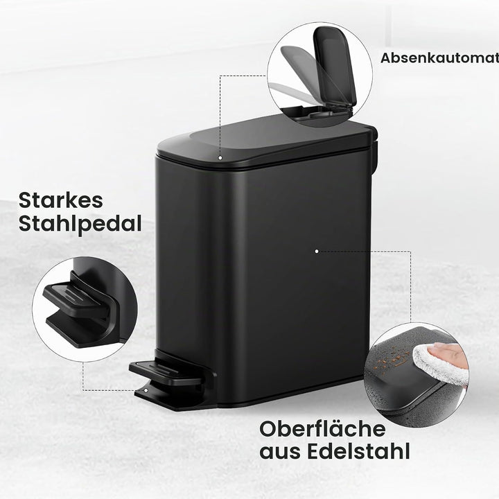 Cesun Kleiner Mülleimer mit Deckel 6 Liter Edelstahl Mülleimer für Küche, Bad, Home Office (matt sch