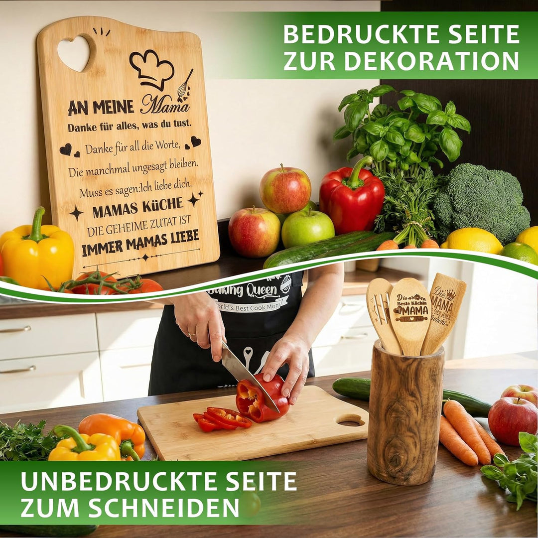 Geschenk für Mama Set, Muttertagsgeschenke Bambus-Holzbrett Personalisierte Schneidebrett mit Schürz