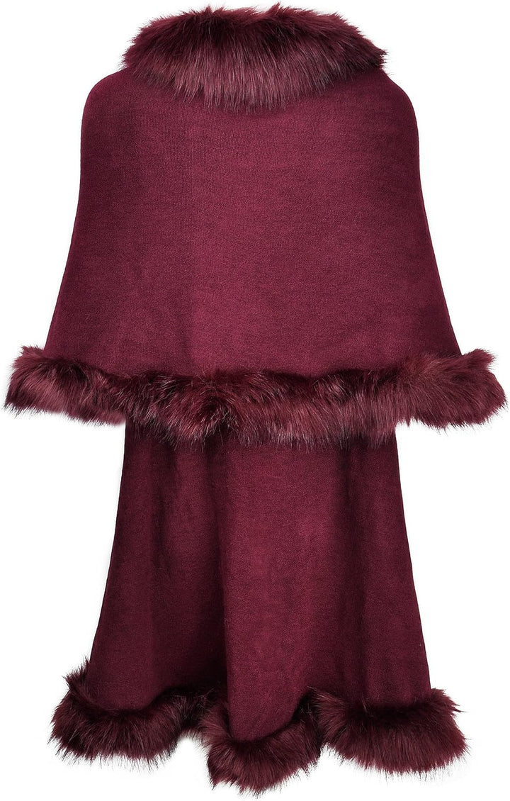 ZLYC Damen Winter Kunstpelz Poncho Strick Schal Stola Warm Cape Cardigan Dunkelrot, Dunkelrot