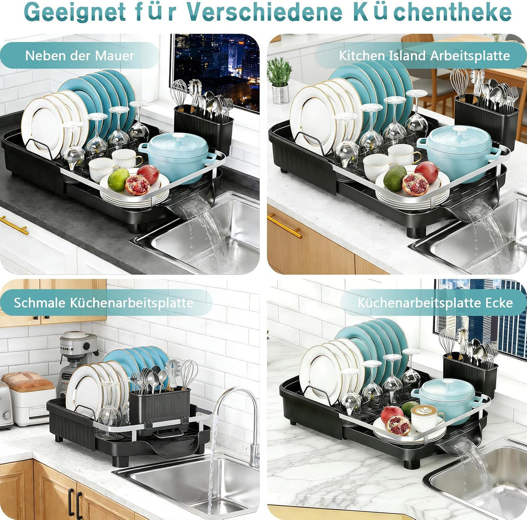 Purkeep Abtropfgestell Geschirr, Erweiterbares Abtropfgestell mit Besteckhalter, Küche Geschirrabtro