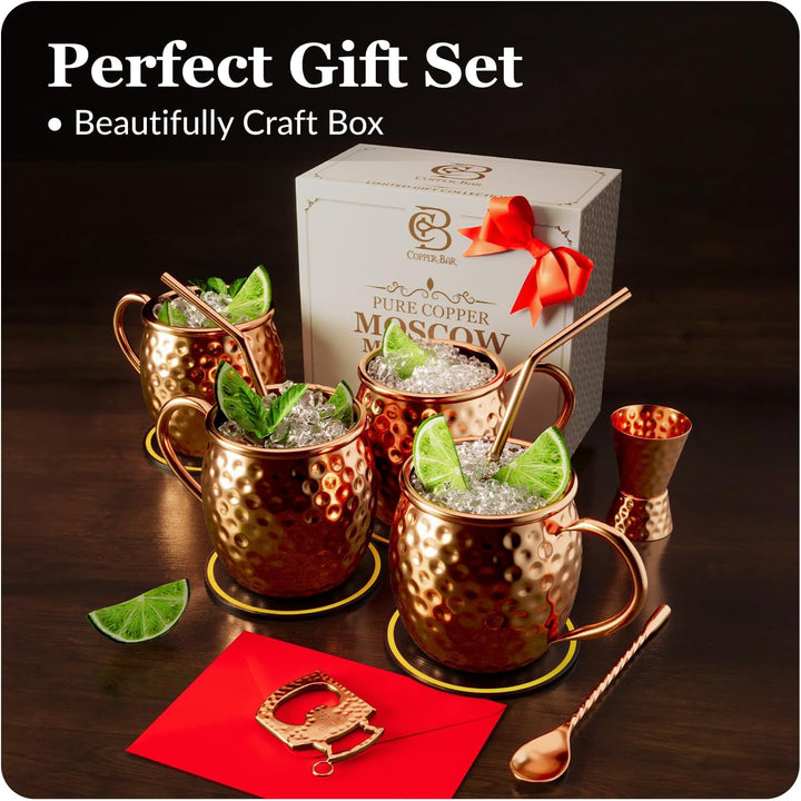 Copper-Bar Moscow Mule Kupferbecher – Set von 4 – 100 % handgefertigten, reinen massiven Kupferbeche