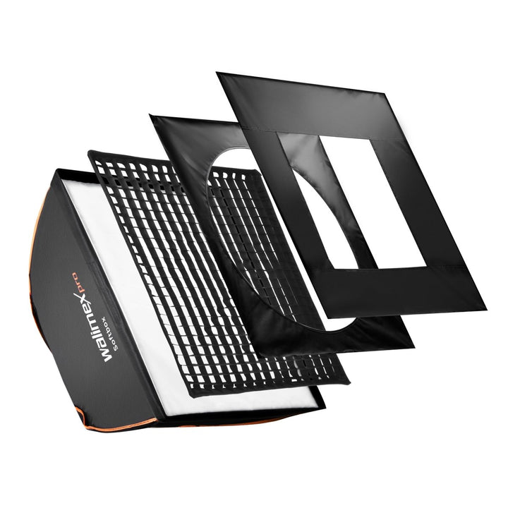 Walimex pro Softbox mit Gitter 60x60cm quadratisch I Inkl. 3cm Grid, Masken & Diffusor I Lichtformer