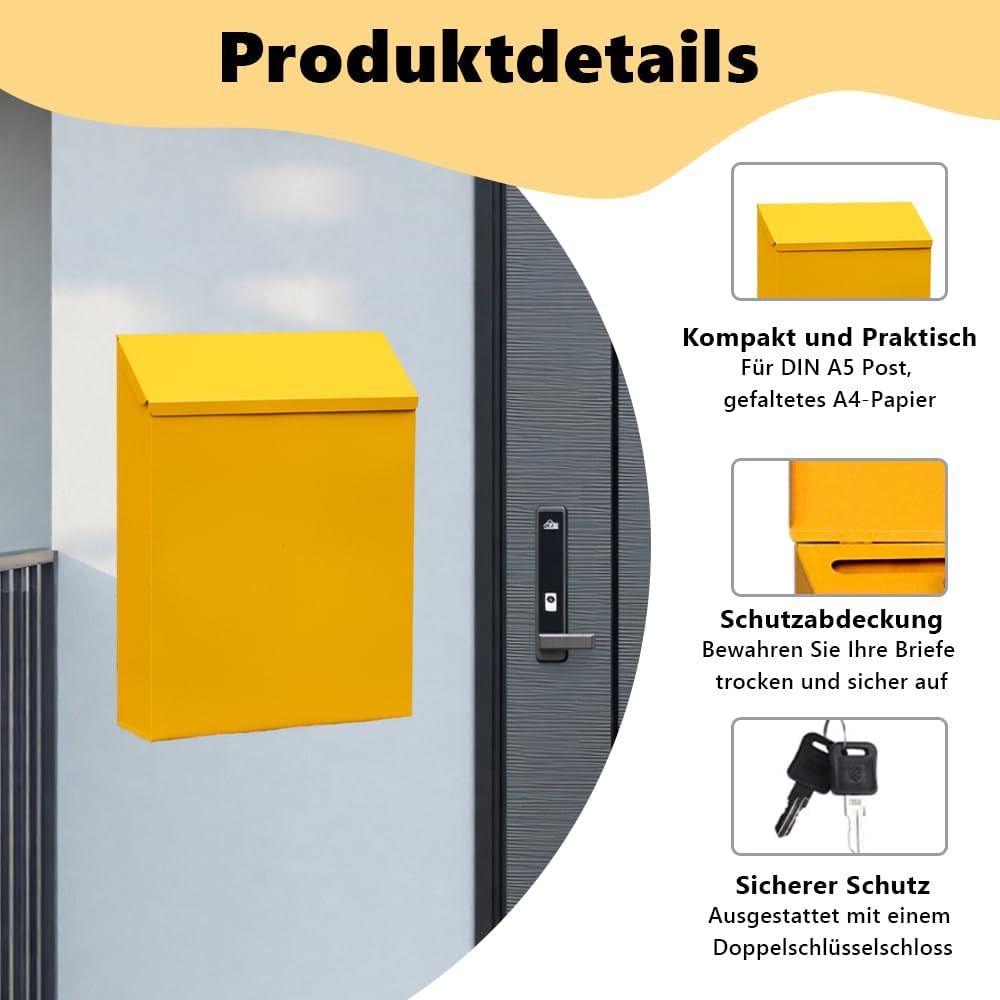 WRQIOO Briefkasten Klein, Postkasten mit Schloss und 2 Schlüsseln, Dekorativer Briefkasten Bunt, Wan