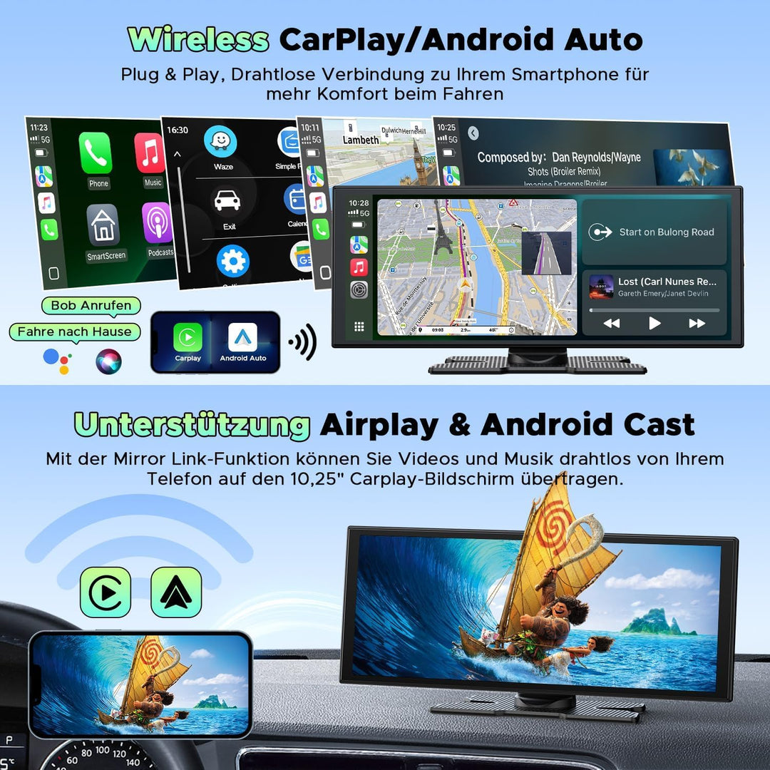 LAMTTO Wireless CarPlay Android Auto Display 10,25 Zoll In-Cell Touchscreen Car Play mit Dashcam 2.5