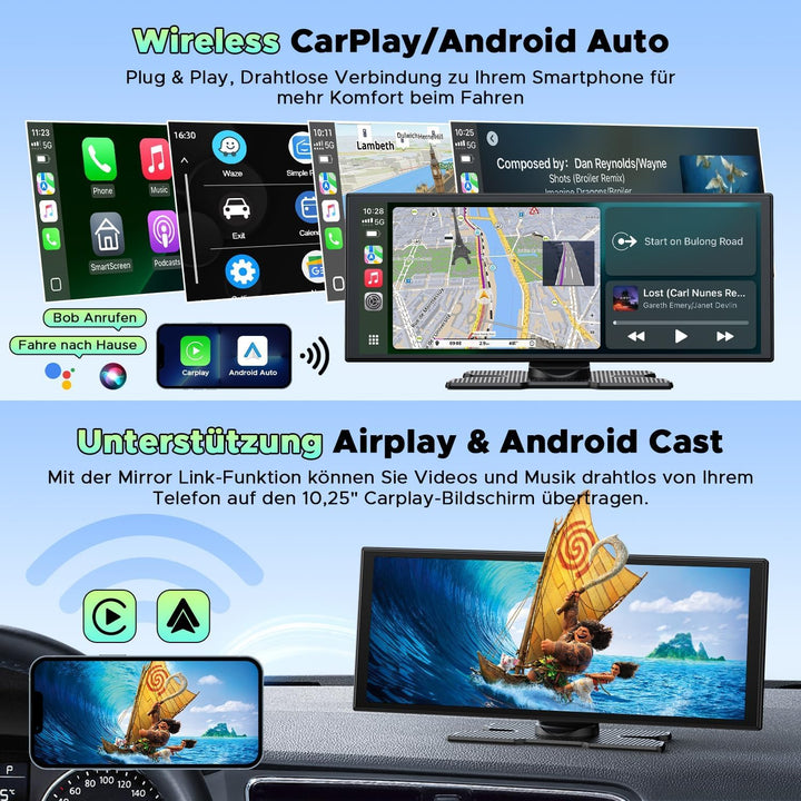 LAMTTO Wireless CarPlay Android Auto Display 10,25 Zoll In-Cell Touchscreen Car Play mit Dashcam 2.5