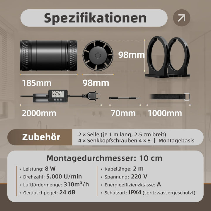 Elektronischer Lüfter, 100mm Rohrventilator mit Feuchtigkeits- & Temperatursensor, Fernbedienung, 6-