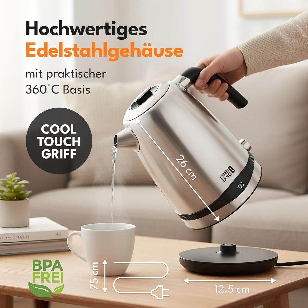 LEBENLANG Wasserkocher Edelstahl Temperatureinstellung – Leise, Temperaturanzeige & Warmhaltefunktio