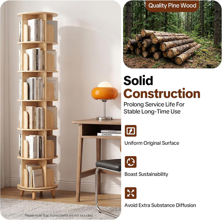 6 Ebenen 360° Drehbares Bücherregal, Standregal aus Kiefernholz | Rundes Regale, Multifunktionales L