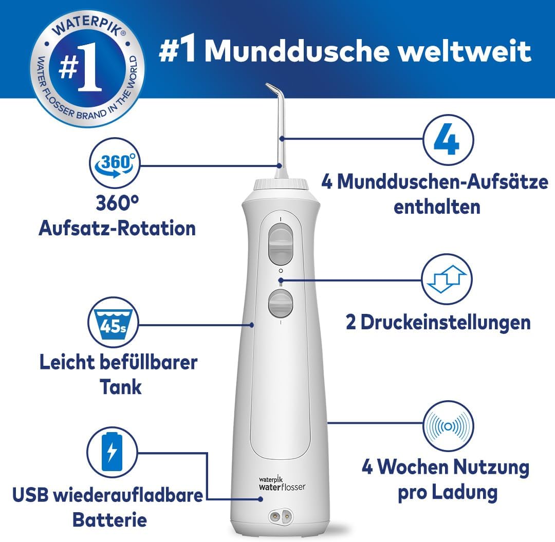 Waterpik Kabellose Munddusche, wiederaufladbar, elektrische Zahnreinigung, ideal zur Plaque-Entfernu