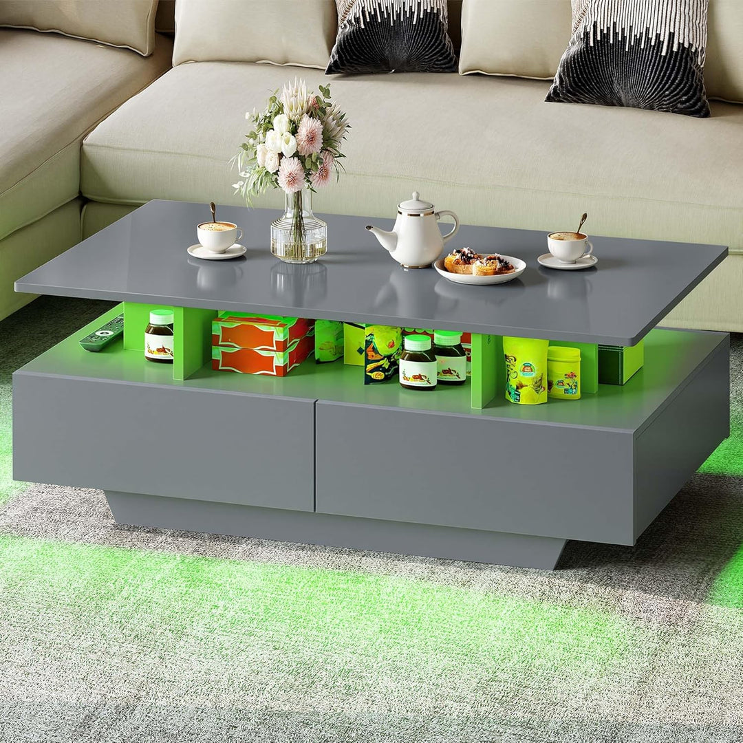 YITAHOME Couchtisch Grau, Wohnzimmertisch Hochglanz mit 16-Farbiger LED Beleuchtung Modern, Beistell