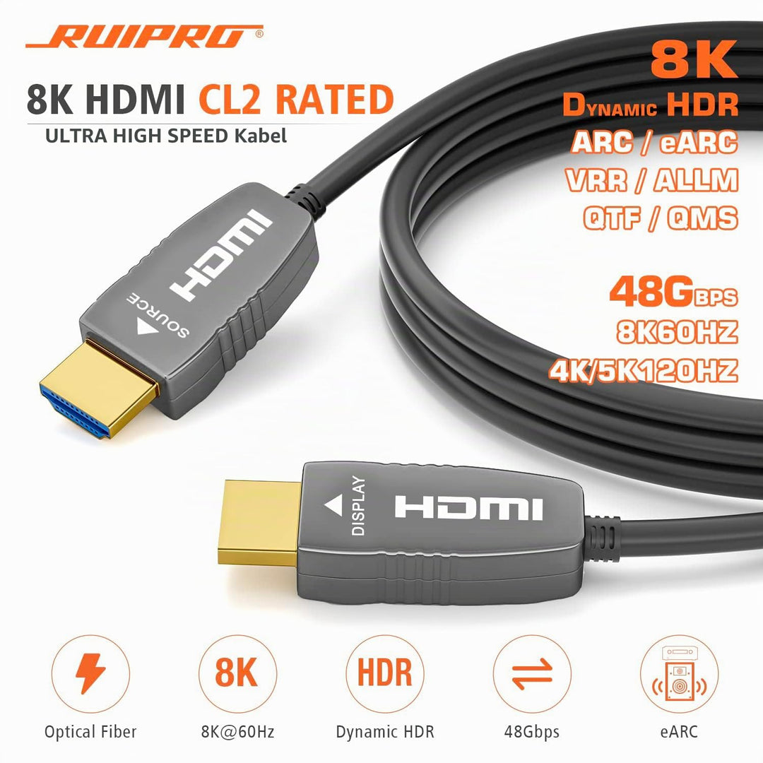 RUIPRO 8K CL2 HDMI Glasfaserkabel 7.6M, Zertifiziert HDMI 2.1 48Gbps 8K@60Hz 4K@120Hz Dynamic HDR eA