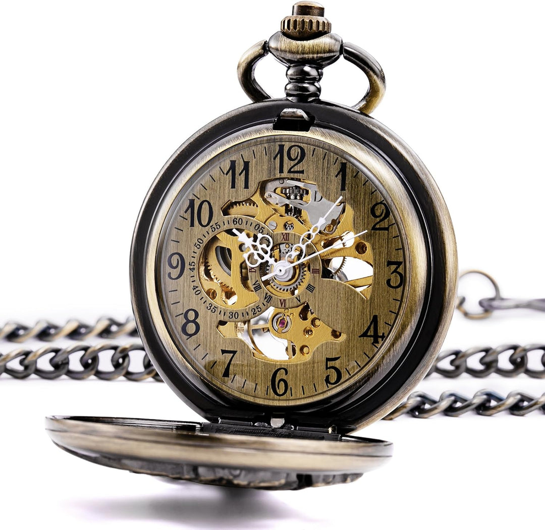 TREEWETO Unisex Taschenuhr mit Kette Analog Handaufzug Retro Pegasos Geflügeltes Pferd Bronze