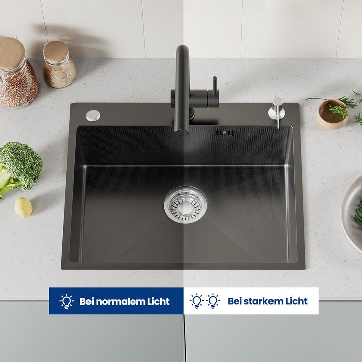 CECIPA Spülbecken Schwarz(Anthrazit) 60×49 cm, Edelstahl Waschbecken Küche mit Siphon und Überlauf,