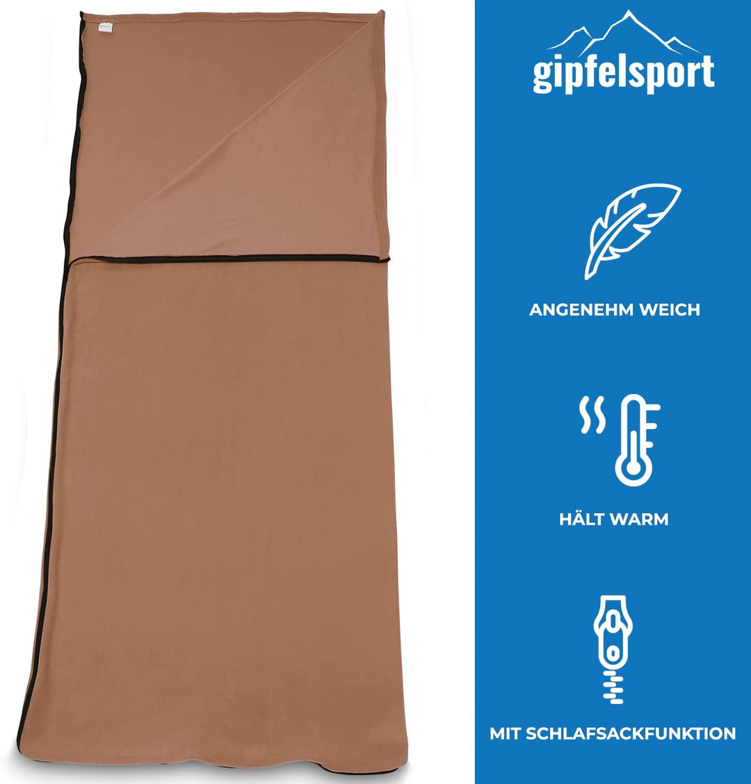 gipfelsport Mikrofaser Fleece Decke mit Schlafsackfunktion I Grösse 185 x 150cm, ca. 690 g I Microfa