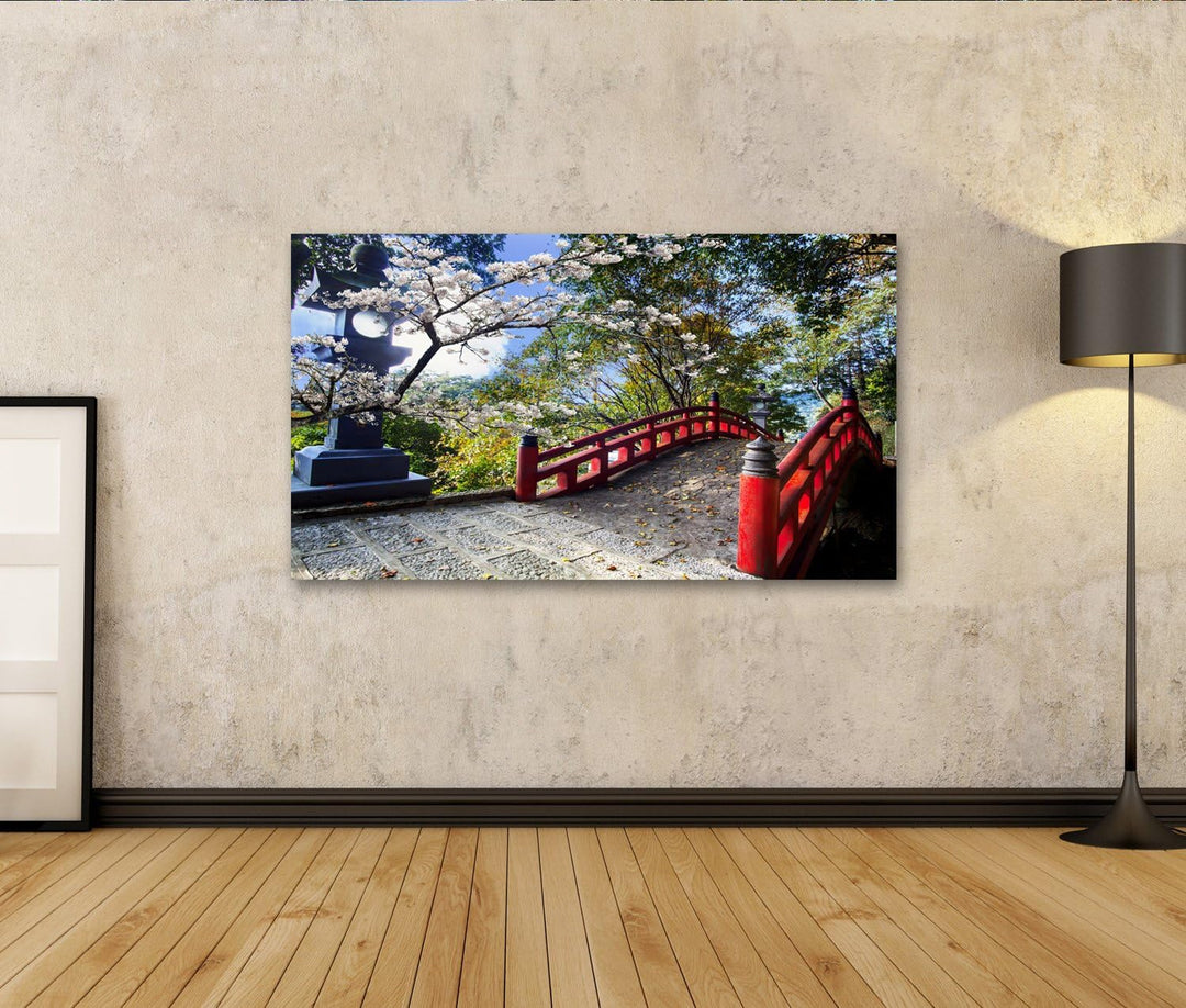 islandburner Bild auf Leinwand Sakura Japan Tempel An Roter Brücke Bilder Wandbilder Poster Leinwand