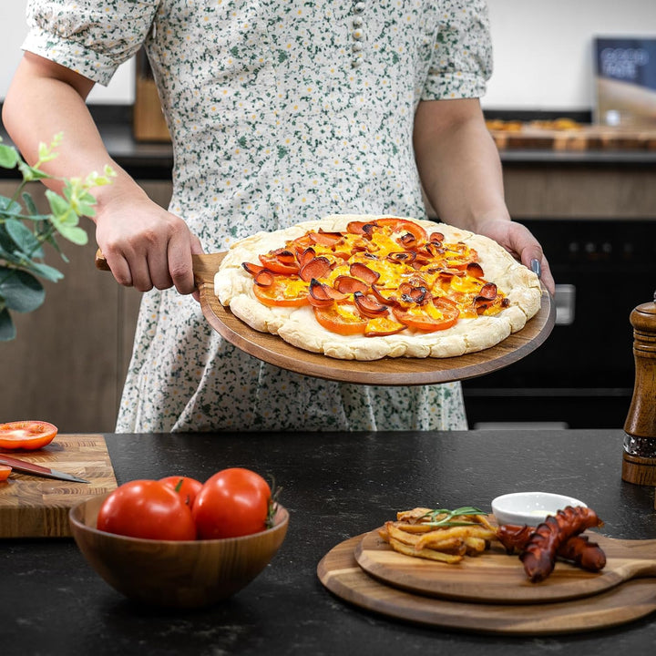 BILL.F Akazien-Pizzaschaufel, 3er-Set Schneidebrett aus Akazienholz, Schneidebrett, Käsepaddelbrett,