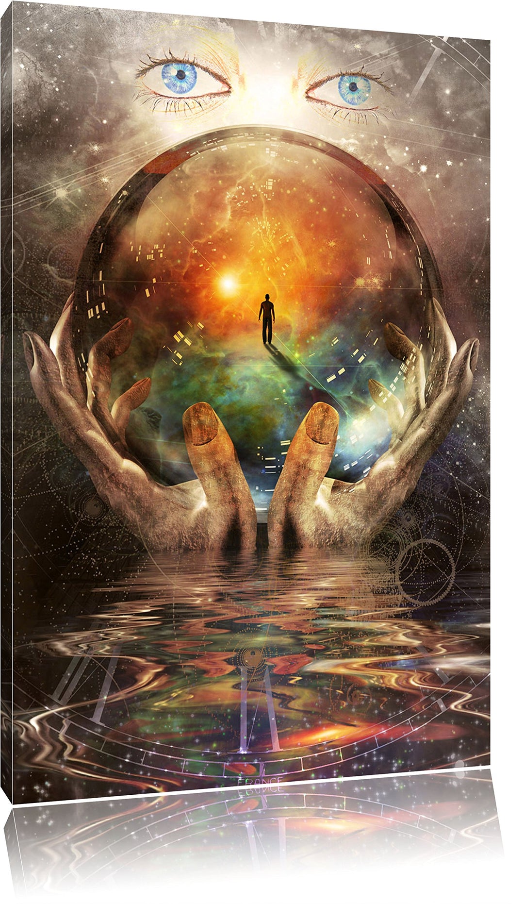 Pixxprint Glaskugel in der Hand mit abstrakten Hintergrund, Format: 100x70 auf Leinwand, 100x70