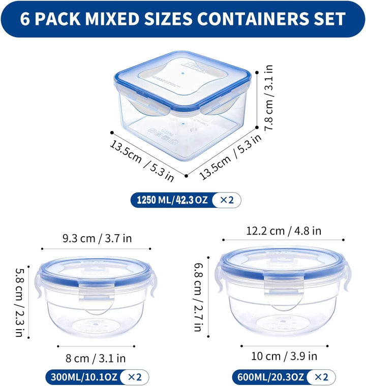 6er-Set Kunststoff Frischhaltedosen mit Deckel 0,3L 0,6L 1,25L BPA-frei Gefrierdosen, Sandwich Box,