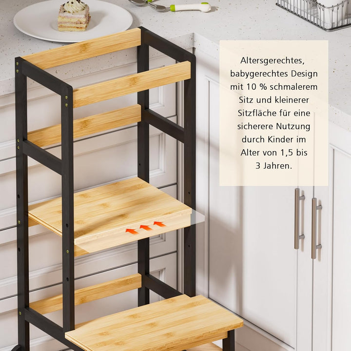 Lernturm für Kinder, Stylisch Kippschutz Montessori Höhenverstellbar Learning Tower aus 100% Natürli