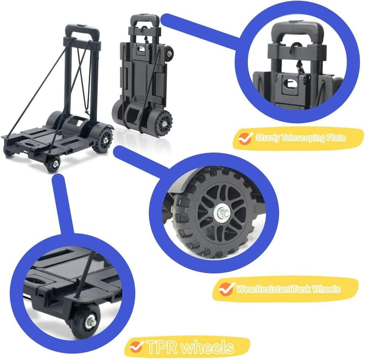 Faltbarer Sackkarre, 65 kg, robuste 4 Räder, tragbare Sackkarre, Leichter Reisewagen mit Bindegürtel