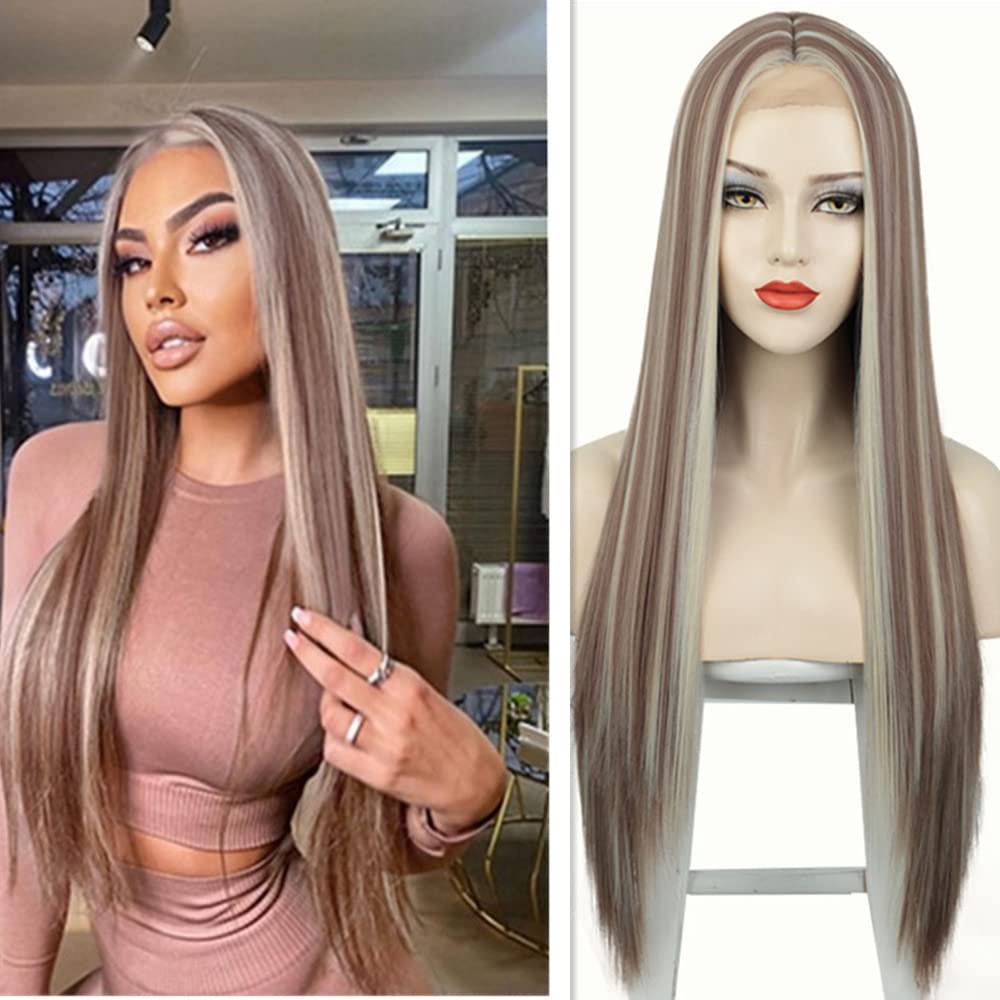 Greenmirr Lange Ombre Asche Blonde Perücke Highlight Blonde Spitze Synthetische Perücke Pieced Lace
