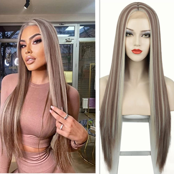 Greenmirr Lange Ombre Asche Blonde Perücke Highlight Blonde Spitze Synthetische Perücke Pieced Lace