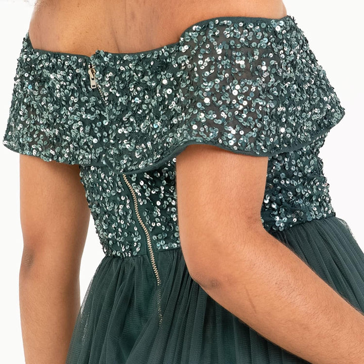 Maya Deluxe Damen Ladies Bardot Dresses Women Midi High Empire Waist Sequins Embellished Formal Even