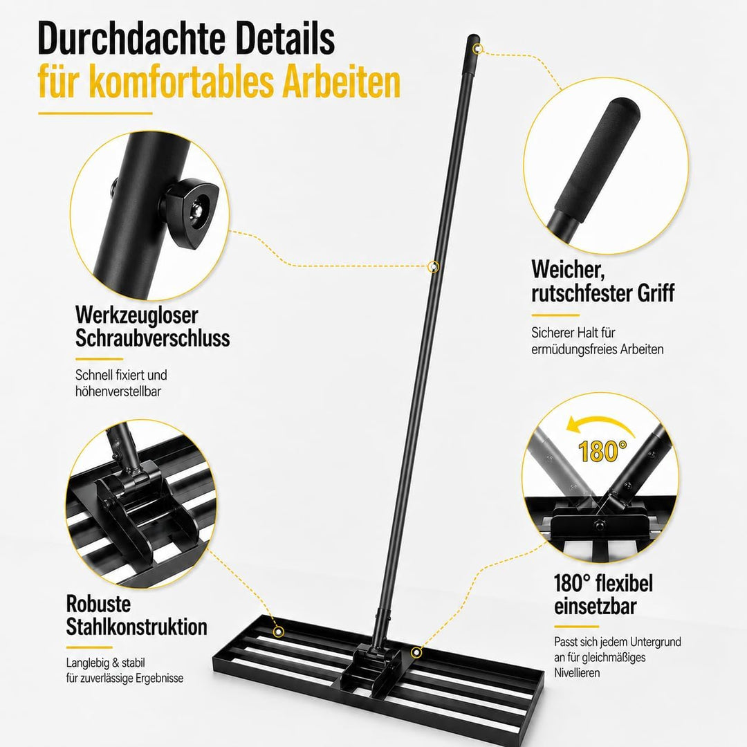 Rasen-Nivellierungsrechen 198cm 43x25cm, Verstellbarer Rasenplanier-Rechen mit 119–198 cm Griff, 180