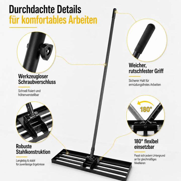 Rasen-Nivellierungsrechen 198cm 43x25cm, Verstellbarer Rasenplanier-Rechen mit 119–198 cm Griff, 180