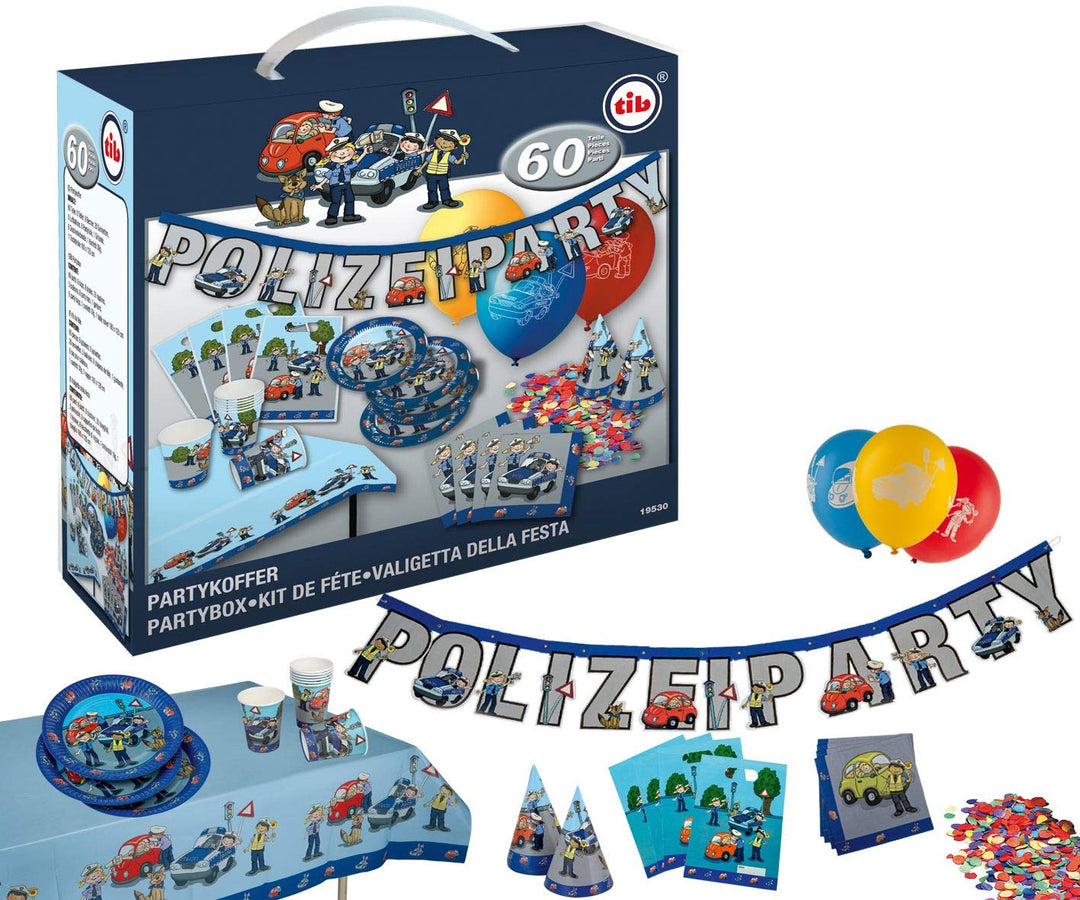 TIB Heyne 19530 - Partykoffer Polizei, 62 Teile, Partygeschirr und Dekoration, Kindergeburtstag