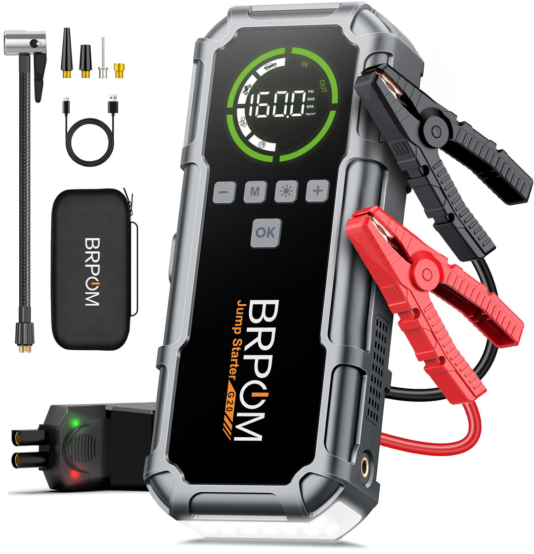BRPOM Starthilfe Powerbank 8000A, Auto Starthilfe mit Kompressor 160PSI, 26800mAh Batteriestarter fü