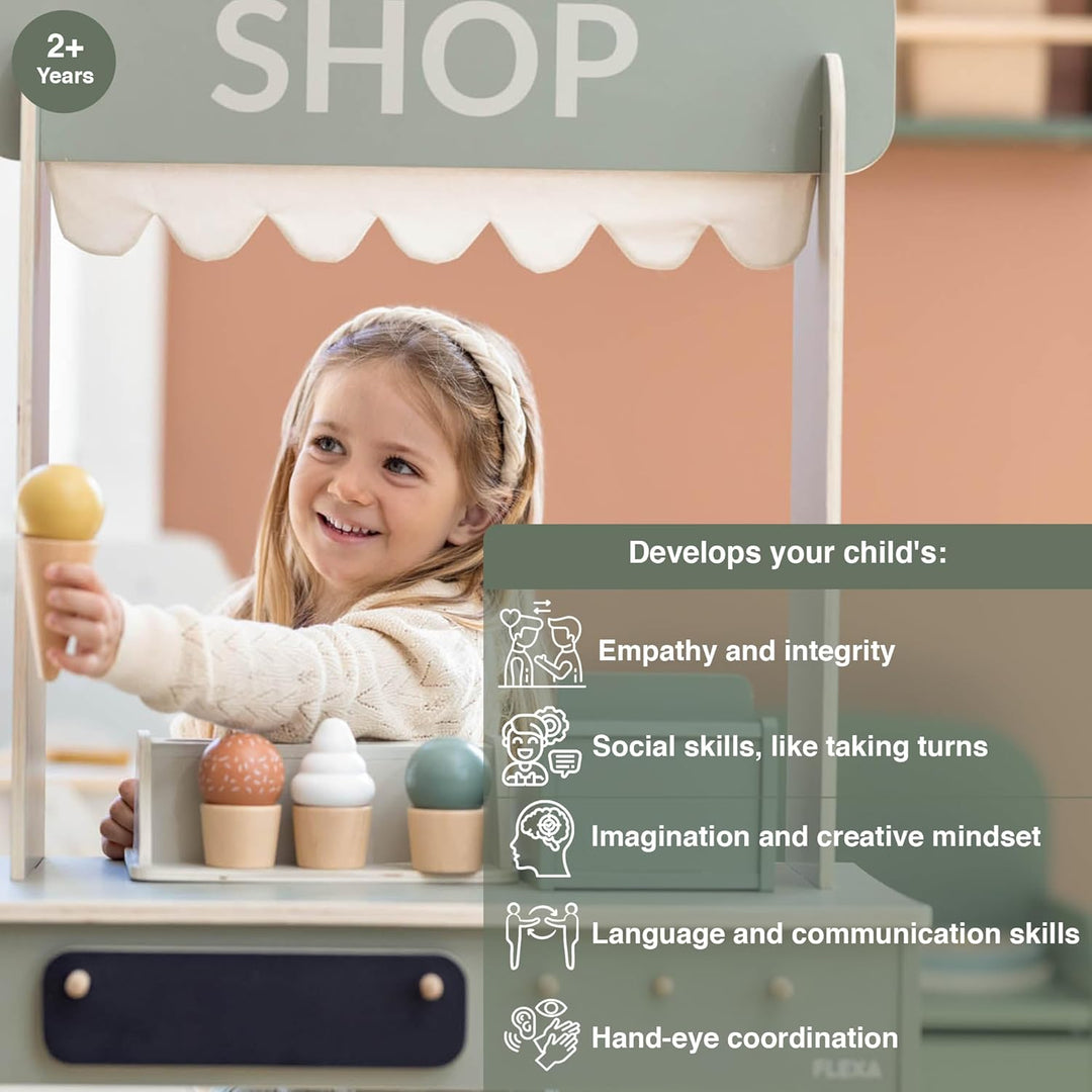 FLEXA Eisladen Kinder Holz | Eisdiele für Rollenspiele mit Einkaufsladen | Montessori Spielzeug ab 2