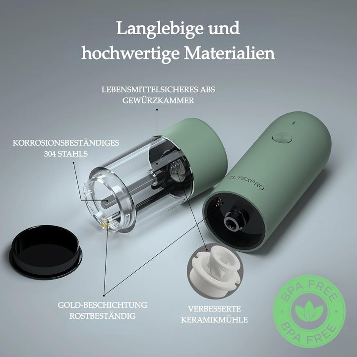 TLYSXPRO Salz und Pfeffermühle Elektrisch 2er Set, USB Wiederaufladbar, Einstellbarer Grobheit Gewür