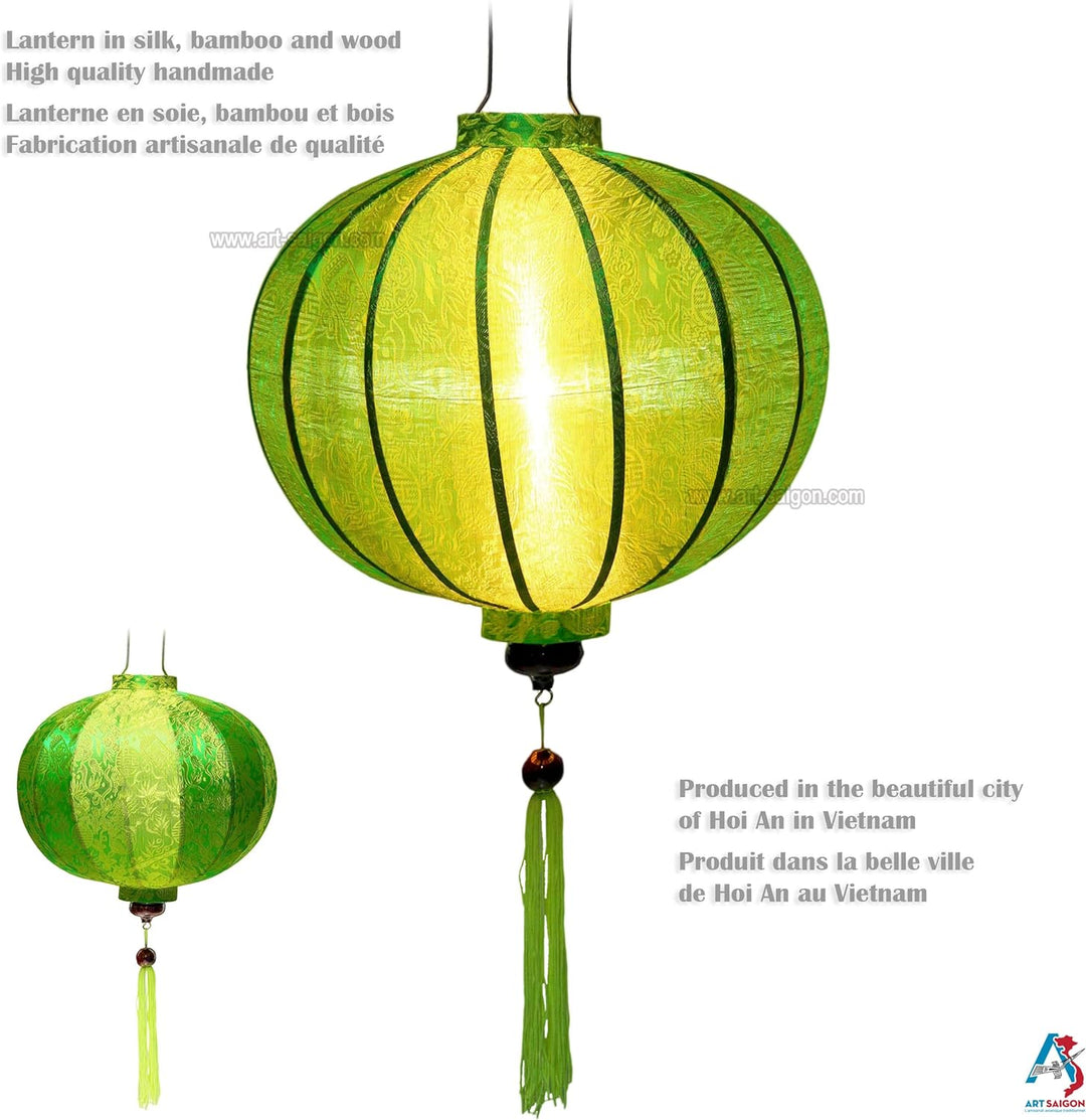 Laterne Lampion Asiatische aus Seide Grün, R Ø33cm - Traditionelle Hoi An Hängelampe aus Stoff, Bamb