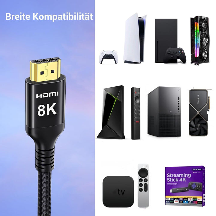 Etseinri 8K 4K HDMI Kabel 20M, Nylon Geflochtenes 48Gbps High Speed HDMI® Kabel 4K 240Hz 165Hz 144Hz