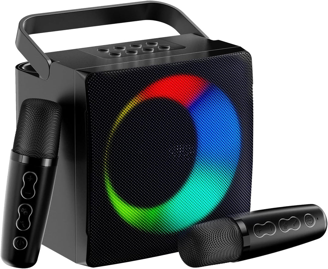 GJCrafts Karaoke Machine mit LED-Licht, Bluetooth Karaoke Lautsprecher mit 2 Drahtlosen Mikrofonen,