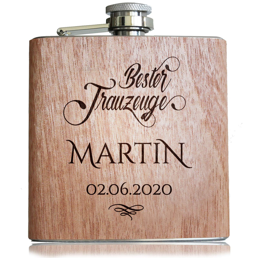 Holz Flachmann Bester Trauzeuge, mit persönlicher Namens Gravur | Geschenk Wunsch Name Datum gravier