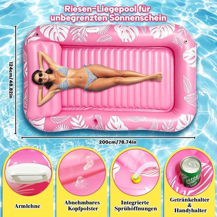 Tanning Pool mit Eingebautem Sprinkler, Luftmatratze Schwimminsel mit Getränkehalter, Griff und Rück