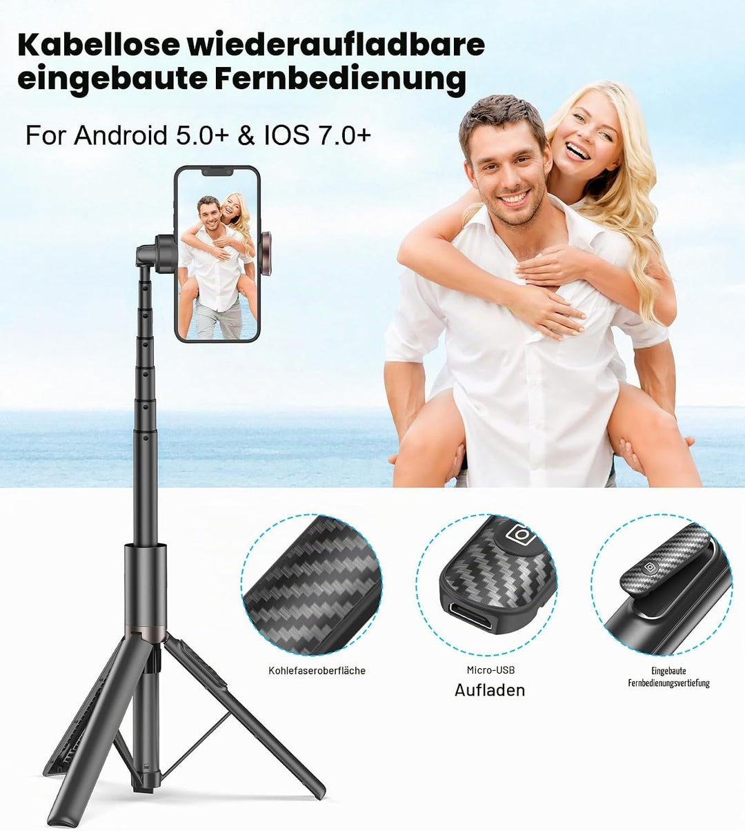 TONEOF 153CM Selfie Stick Stativ, Verbesserte 360° Drehbare Selfie Stange, Ausziehbares All-in-1 Han