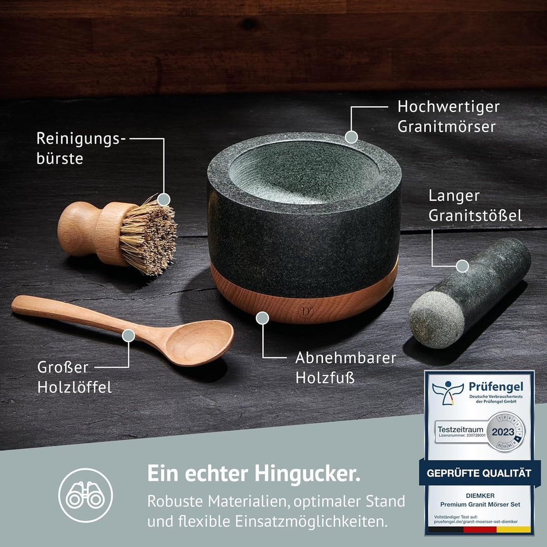 DIEMKER Premium Granit Mörser mit Stössel, abnehmbarer Holzfuss, Holzlöffel und Reinigungsbürste im