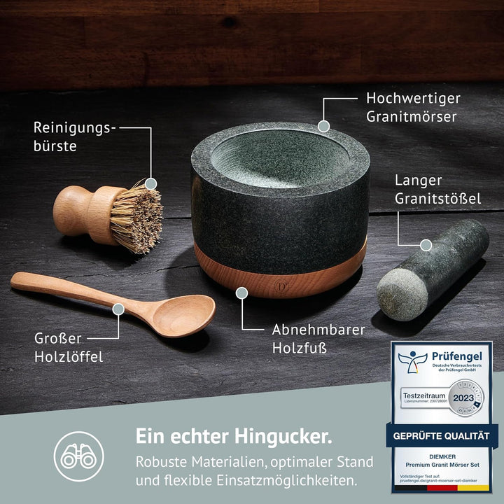 DIEMKER Premium Granit Mörser mit Stössel, abnehmbarer Holzfuss, Holzlöffel und Reinigungsbürste im