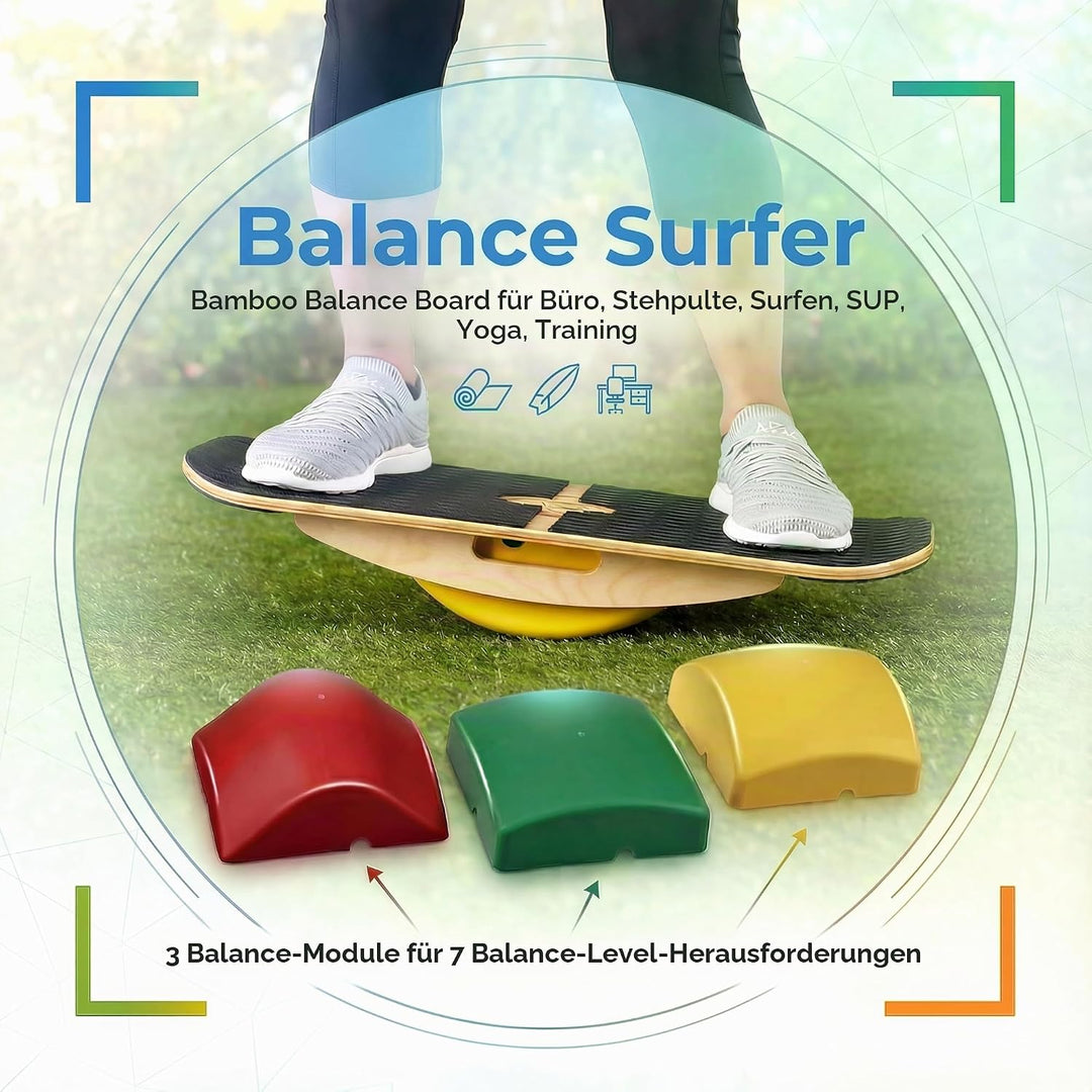 Blue Planet Balance Surfer 7-in-1 Bamboo Wooden Balance Board Trainer für Büro, Gym &amp; Home | Ideal f