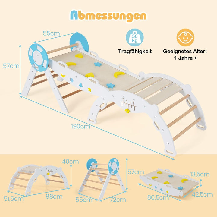 COSTWAY Klettergerüst Indoor 3er Set, klappabres Kletterdreieck mit Rutsche, Kletterbogen, inkl. dop