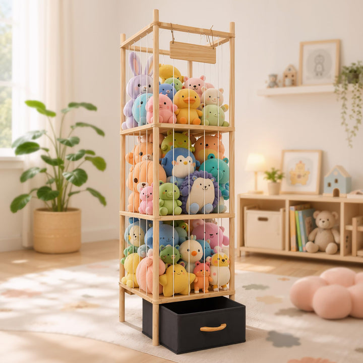 Kuscheltier Aufbewahrung mit Stoffschubladen – Holz Stofftier Regal mit Zoo Design, 146×40×40 cm Plü