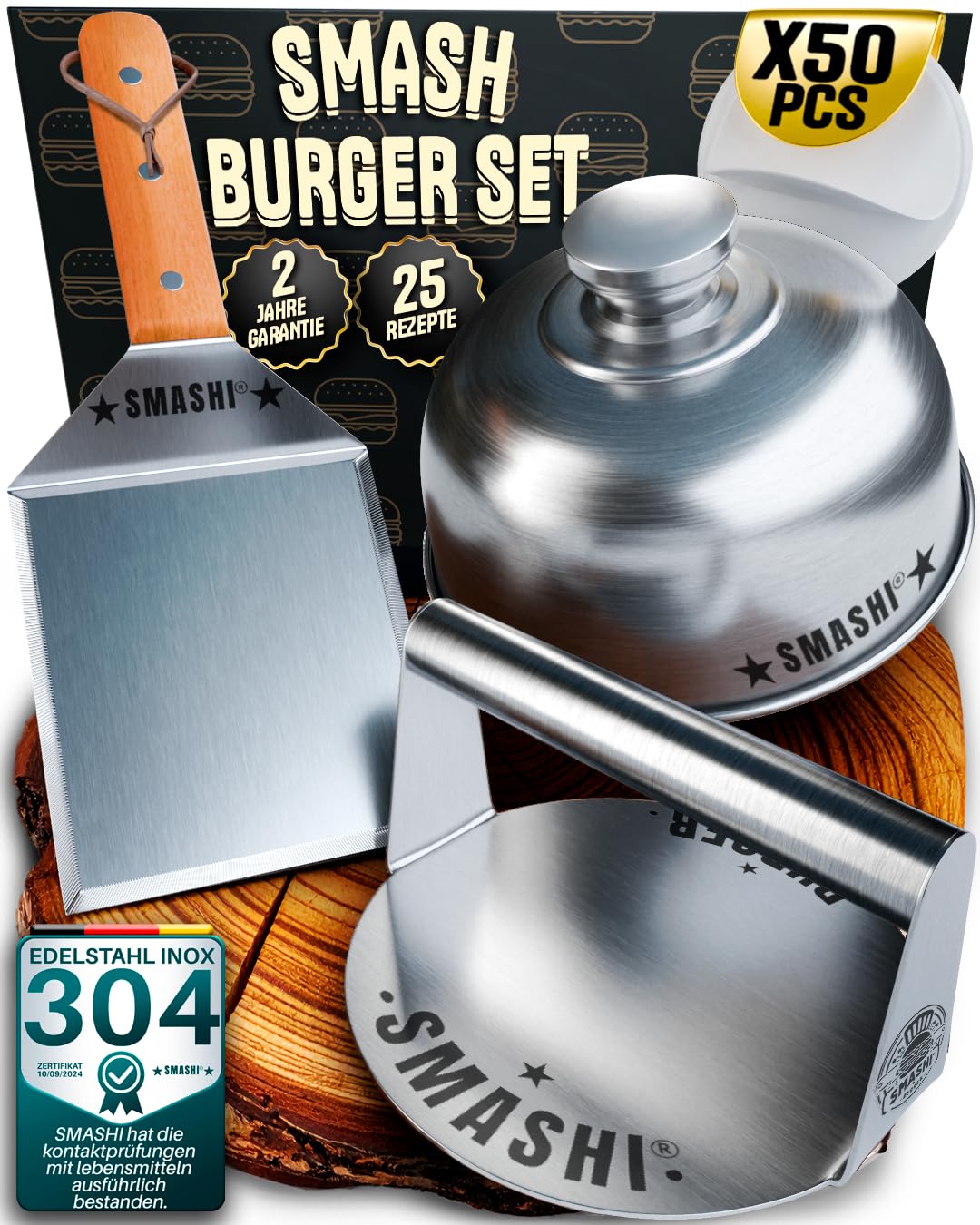 SMASHI® Smash Burger Set mit Holzgriffen – Grillzubehör aus Edelstahl 304 Burgerpresse, Spachteln &