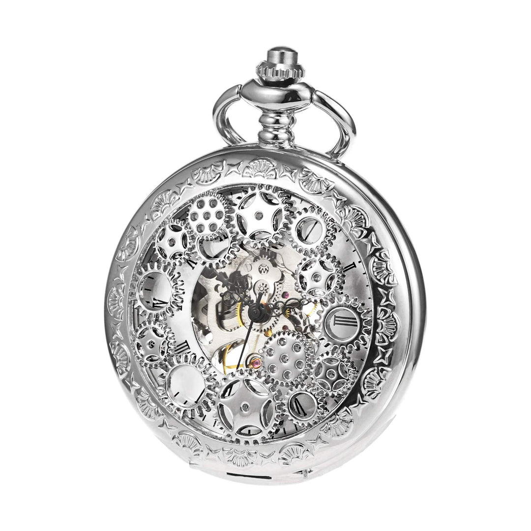 TREEWETO Unisex Taschenuhr mit Kette Analog Handaufzug Antik Zahnrad verziert Römische Silber