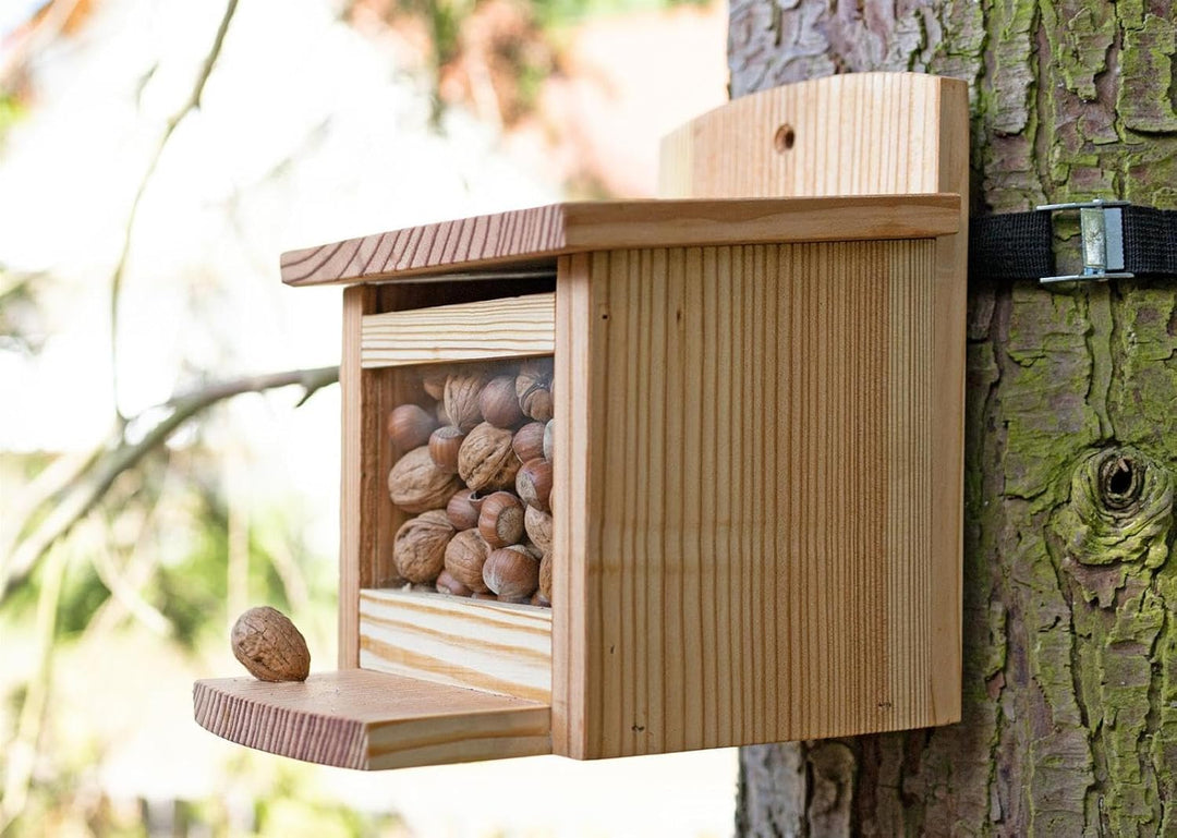 Eichhörnchen Futterhaus aus Lärchenholz – Mit integriertem Nussspender/Futterbox – Wetterfest & lang