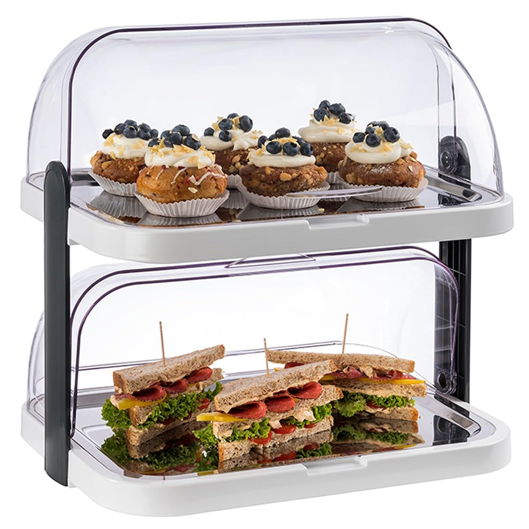 APS 9200 Buffetvitrine „Doppeldecker“ – 2 beidseitig aufklappbare, transparente Rolltophauben, 2 Ede