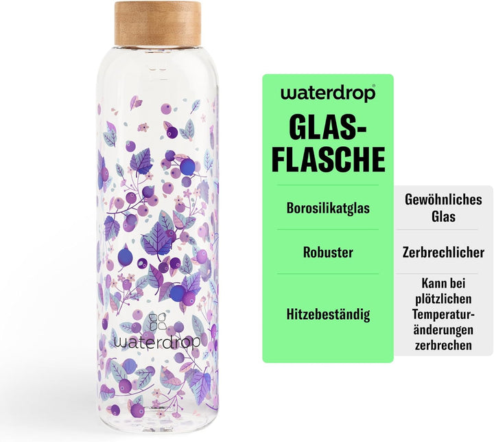 Waterdrop® Edition Glass Bottle 600ml Trinkflasche Glas auslaufsicher, Kohlensäure geeignet | BPA fr