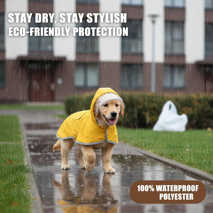 Regenmantel Hund Wasserdicht M–XL – Gelber Hunderegenmantel mit Kapuze, Reflektierende Streifen, Ver